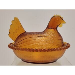 Vintage Indiana Glass Amber Gold Hen On A Nest Candy Dish 7"